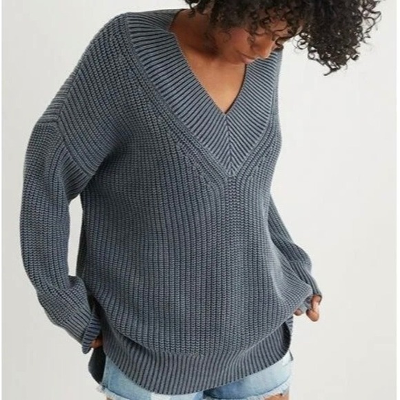 aerie Sweaters - Aerie Womens Oversized V-Neck Ribbed Knit Cotton Sweater Blue Large L Baggy